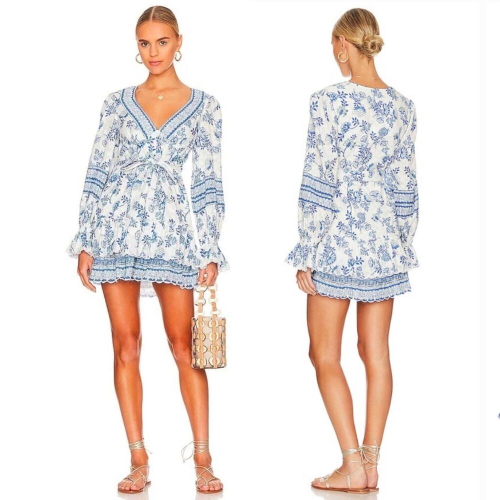 NWT Hemant & Nandita Mala Cobalt White Floral Embroidered Ruffle Mini Dress XXS